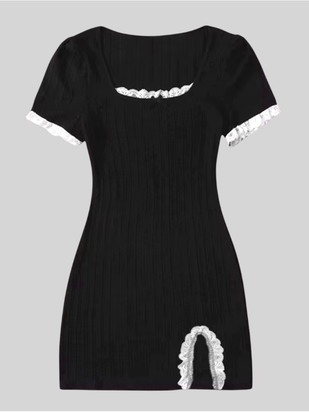ROMWE Kawaii Contrast Lace Ribbed Split Bodycon Dress